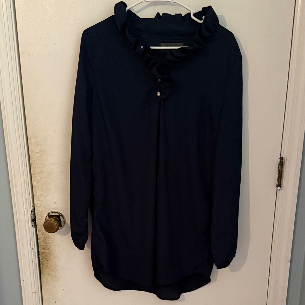 Elegant Navy Ruffle Collar Blouse